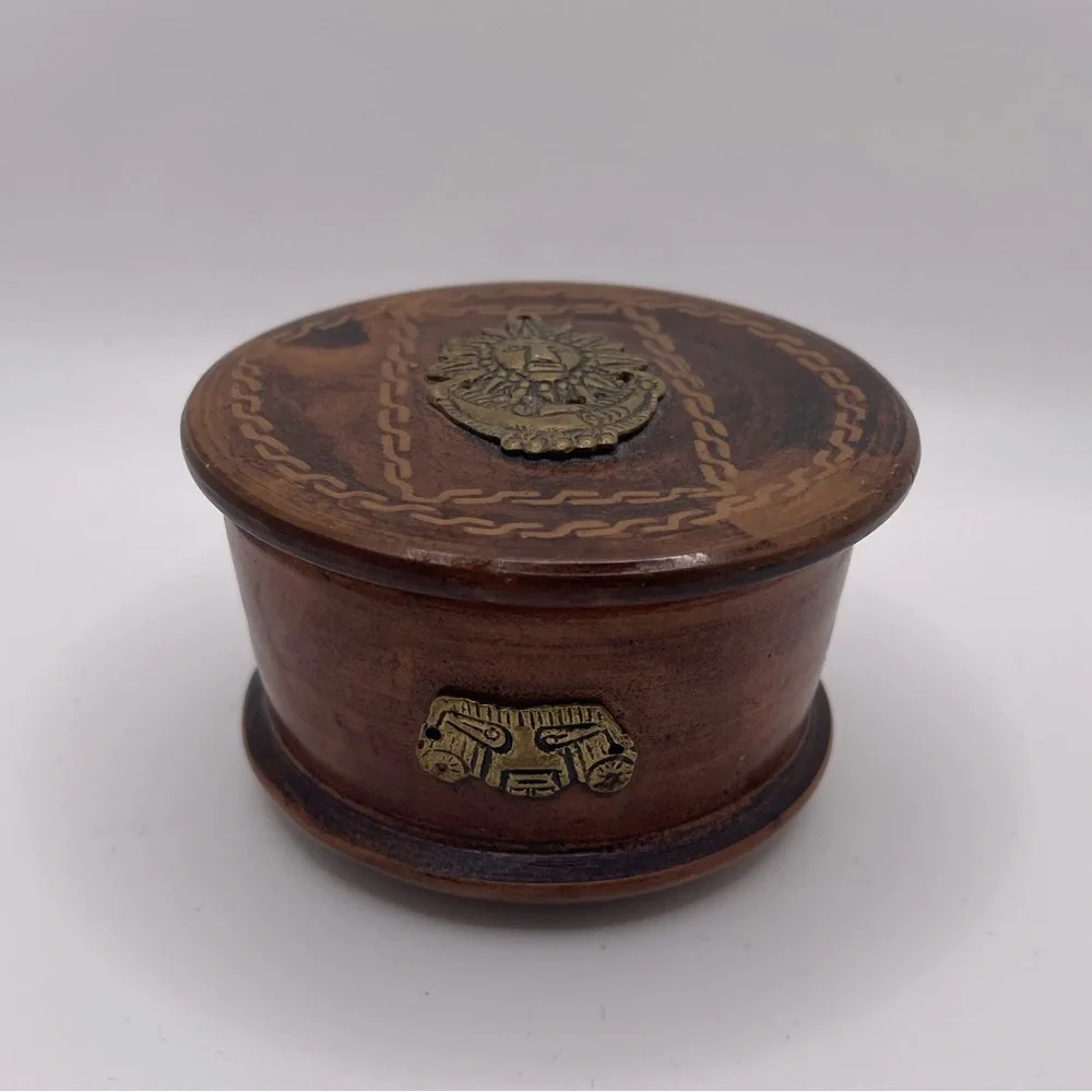 Round Clay Pottery  Trinket Box w/ Lid, Metal Tribal Inlays, Brown/Gold 3” x 2”